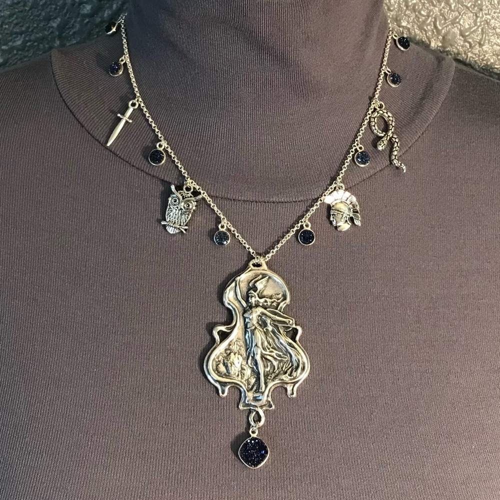 Athena Minerva Greek Roman Goddess Wisdom & War Handmade Necklace, Blue Druzy